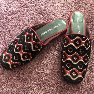 Stuart Weitzman red, black, gold mules slip on